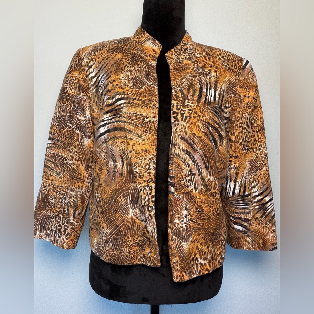 Laudrew Linen Blazer 10 Animal Print Mixed Leopard Tiger Open Front Lined